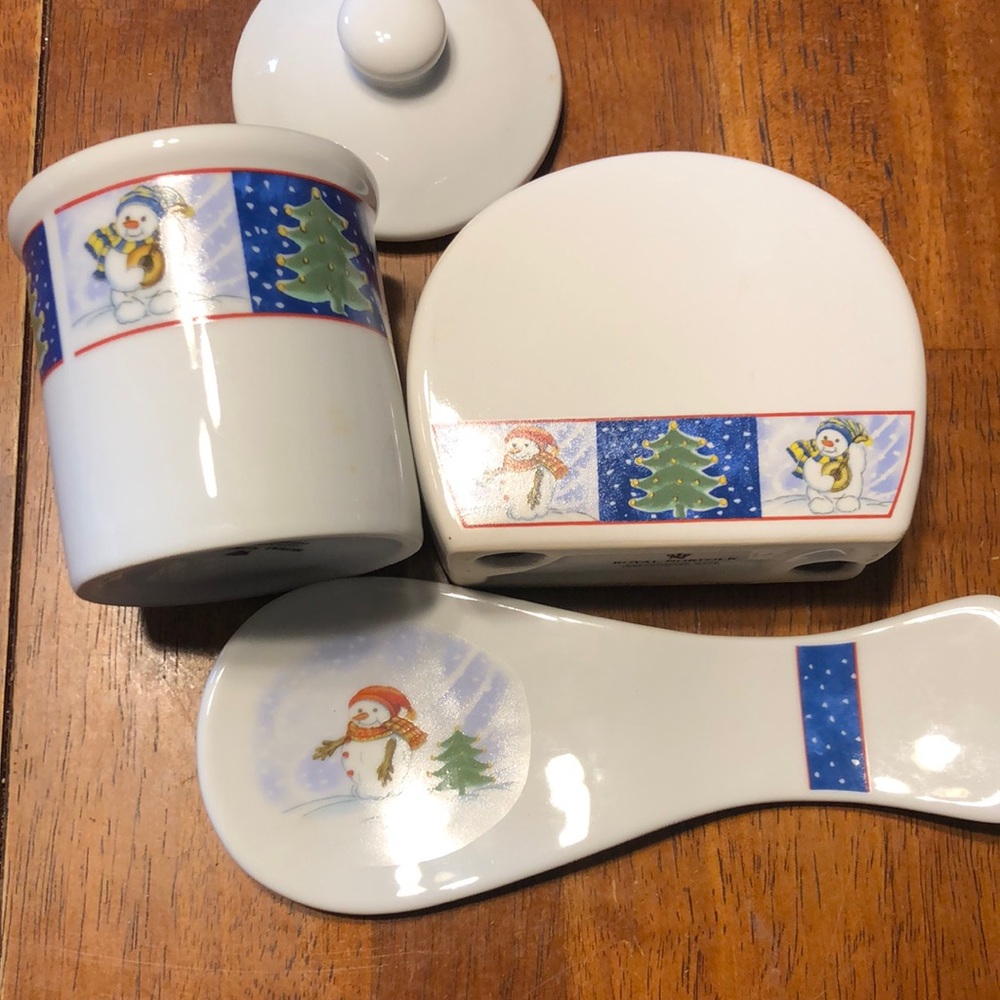 Royal Norfolk Snowman set of 3. Napkin holder, spoon holder & canister. Vintage
